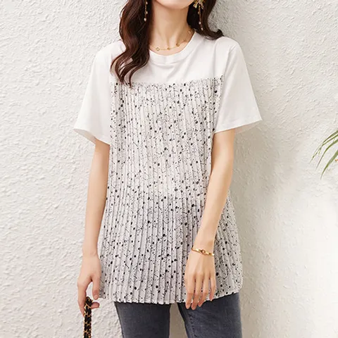 [유니제이] 이듀 플리츠 반팔 블라우스