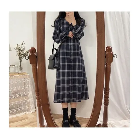 여성체크롱원피스 2컬러 1P 브이넥 얇은 여자 치마 봄원피스 귀