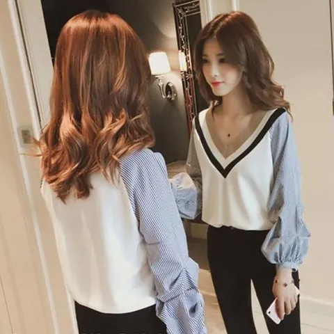 여성스트라이프티셔츠 1P 여자 브이넥 퍼프 긴팔티 여성긴팔니트