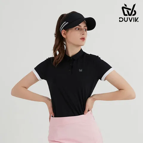 듀빅 여성 배색 로고 Y카라 반팔티셔츠 DC2WTS002BK