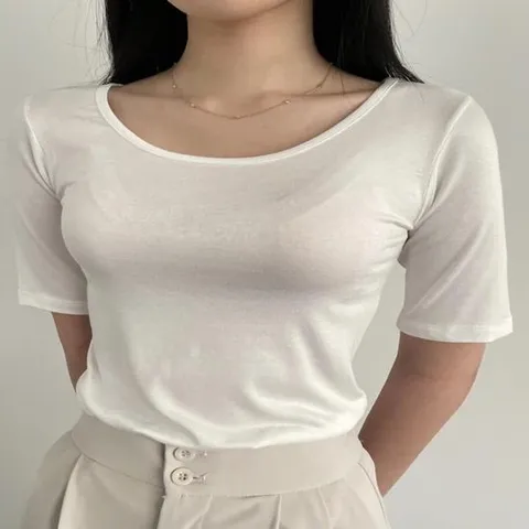 여자 U넥 반팔 슬림 쫄티 크림 블랙 딱붙는 티셔츠