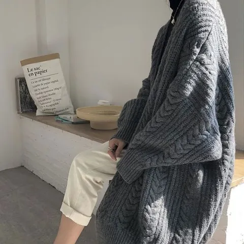 꽈배기롱가디건 겨울 로브 가디건 여성 꽈배기 롱가디건 회색 롱