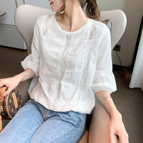 [이쁘다] 백버튼 레이스 7부 블라우스