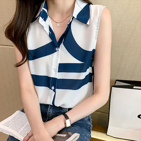 [유니제이] 낫트 배색띠 카라 나시 블라우스