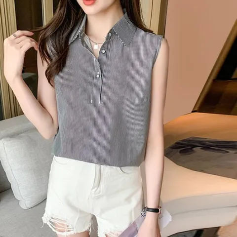 [유니제이] 러아 스트라이프 카라 나시 블라우스