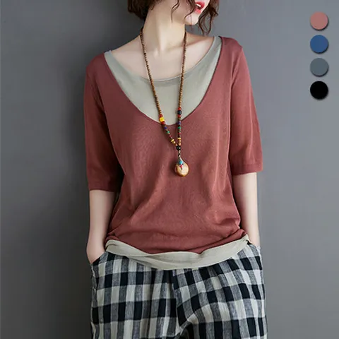 [유니제이] 바아트 라운드 이중 니트 티셔츠