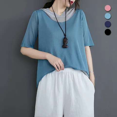 [유니제이] 루아트 후드 레이어드 니트 반팔티