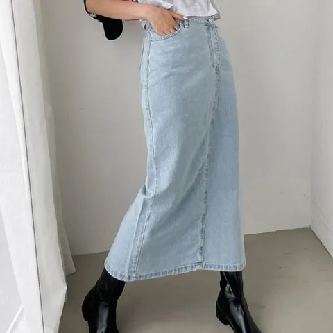 [하젤] 루인 언발 뒷트임 데님 롱 스커트_F0334