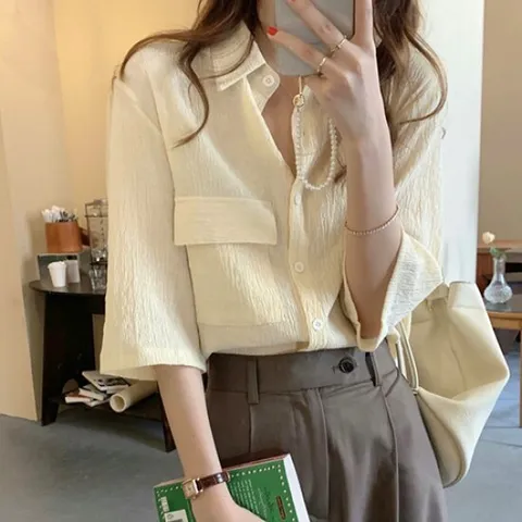 [유니제이] 로켄 링클 포켓 7부 블라우스