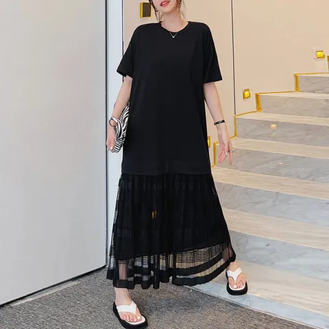 [이쁘다] 캐티 메쉬 플리츠 롱 원피스