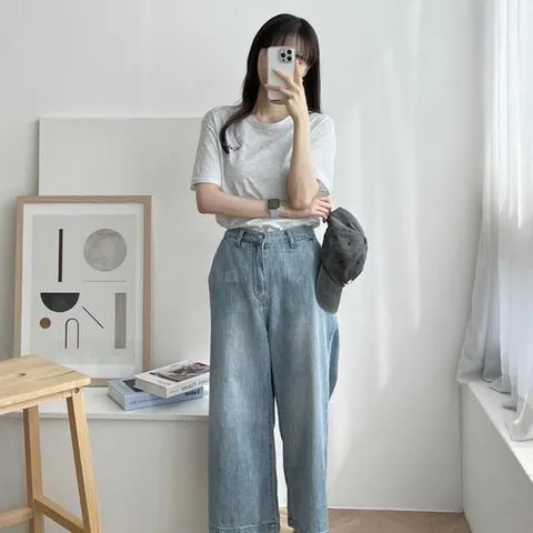 여자 와이드 통넓은 청바지 논스판 8부 데님팬츠