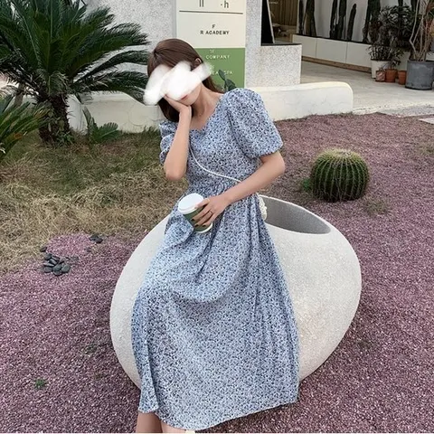 여름꽃 블루 허리밴딩 퍼프 플레어 반팔 플라워원피스