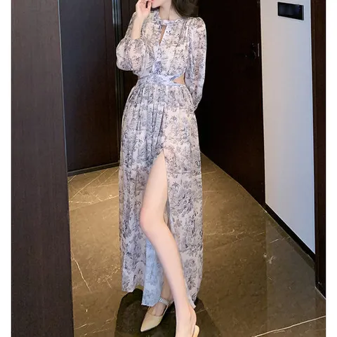 모찌봉 / 쓰리 트임 여신핏 수채화 쉬폰 롱원피스
