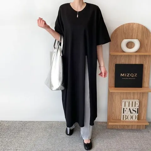 미즈큐즈 / 딥 트임 롱 티셔츠 반팔 루즈핏 원피스 빅사이즈 임산