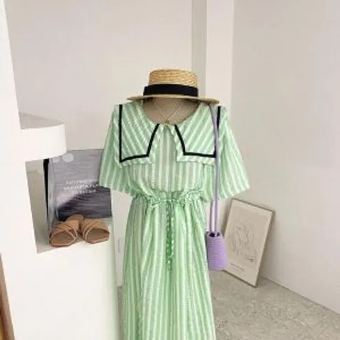 롬보 빅카라 스트링 스트라이프 지지미 반팔 롱 원피스(2color)