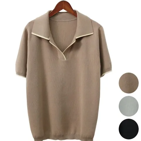 단정하고 착용감 좋은 여성 반팔 배색띠 카라니트/정장니트/미시