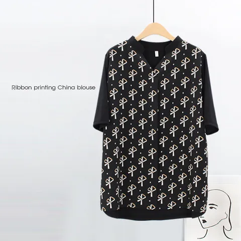 [해피통통] 여성 리본 나염 반팔 블라우스 빅사이즈 여름 정장 오피스옷 미시 하객 쿨한 여름블라우스 여성의류