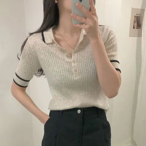 배색 카라 버튼 여름 반팔 니트_체리체리