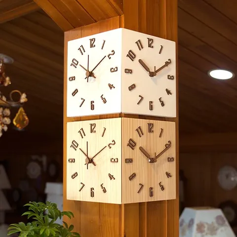 바움 무소음 원목 코너 양면 벽시계 (화이트/내추럴)