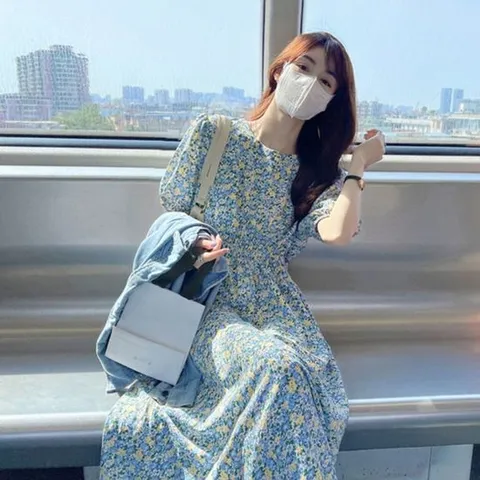 반팔원피스 여성 블루 플라워 반팔 원피스 HH D33