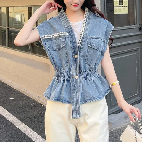 [이쁘다] 폴링 진주 데님 베스트