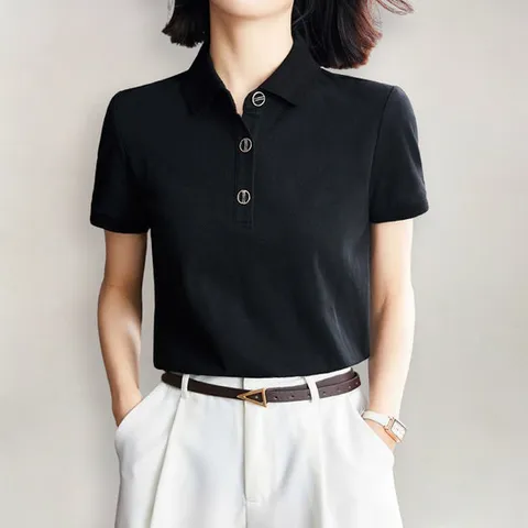 [퀸이즈][퀸이즈] [77까지]티느 버튼 포인트 반팔 카라 티셔츠