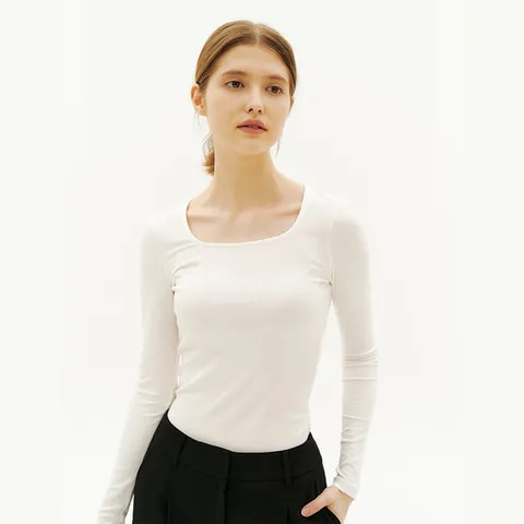 Modal Ribbed Square Neck T-Shirt[O/White]