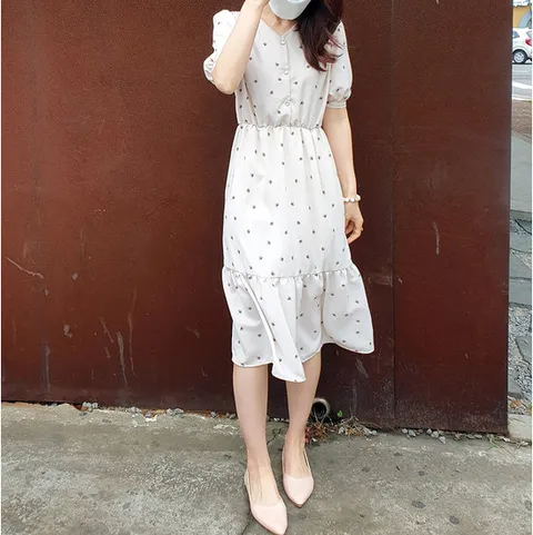 [엠지] 여름 원피스 프릴 쉬폰 단추 꽃무늬 패턴 30대 40대 미시