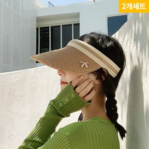 여성 리본 라탄썬캡 2개 자외선차단 밀짚모자 바캉스