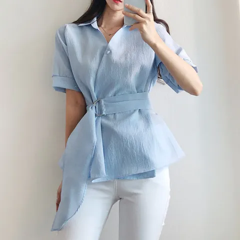 [드레스날다]편안한데이뻐 D링벨트 카라 셔링 블라우스(bl698)