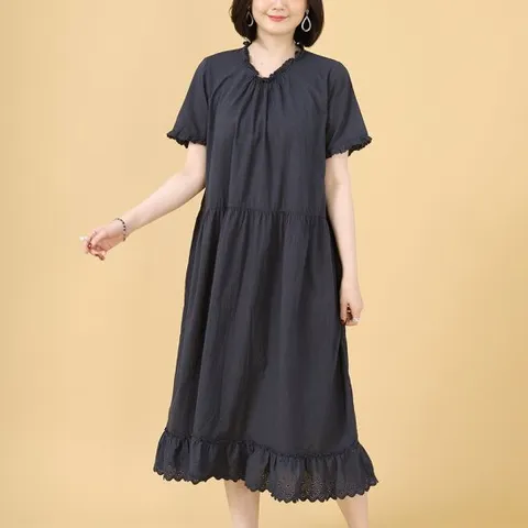 애비뉴투지 엄마옷 셔링 레이스 순 면 여름 반팔 원피스 O06281