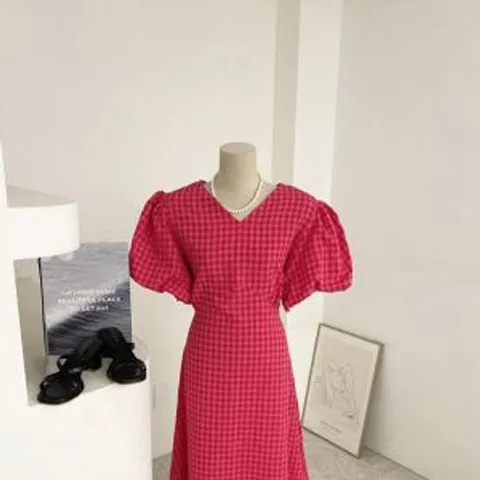 루마이 체크 지지미 퍼프소매 반팔 롱 원피스(2color)
