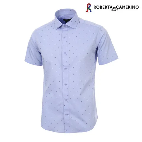 [로베르타디까메리노]모달 스판 프린트 슬림핏 블루 반소매 셔츠