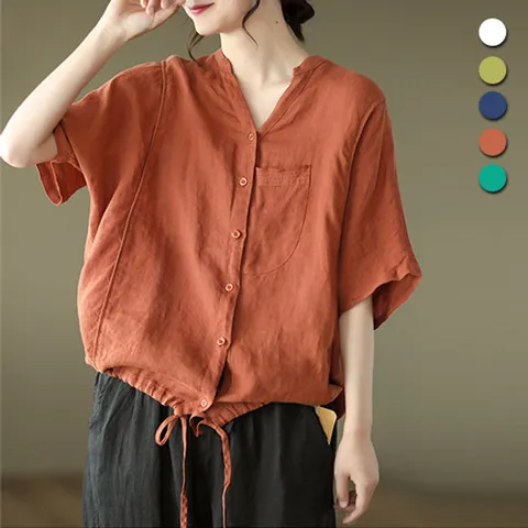 [유니제이] 라이포 단추 포켓 반팔 블라우스