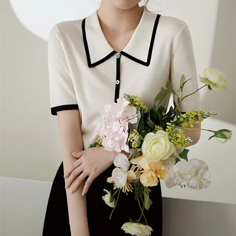 [유니제이] 로레 배색 카라 반팔 니트티