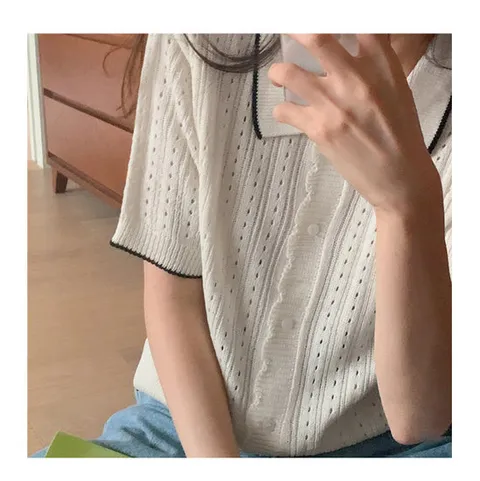 포엠 여름 펀칭 배색 물결 반팔 숏 니트가디건