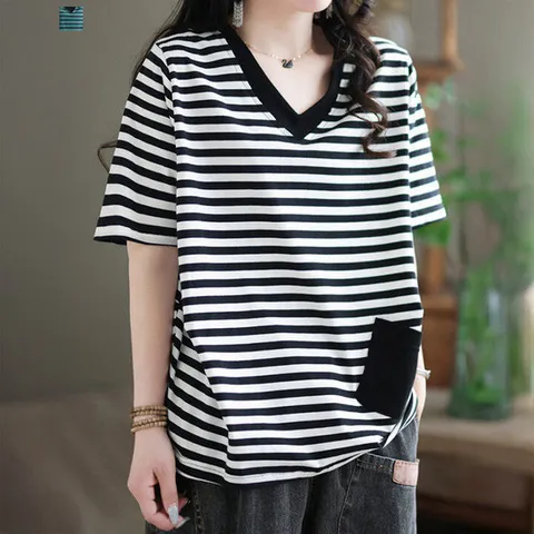 [퀸이즈][퀸이즈] [77까지]토이 스트라이프 브이넥 반팔 티셔츠