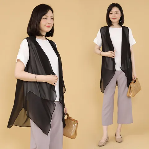 애비뉴투지 엄마옷 아리아 쉬폰 드레이프 여름 롱 조끼 V07224