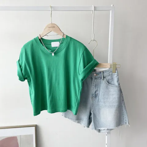 에르디테 / 여성 면 기본 세미 크롭 5부 반팔 티 20컬러