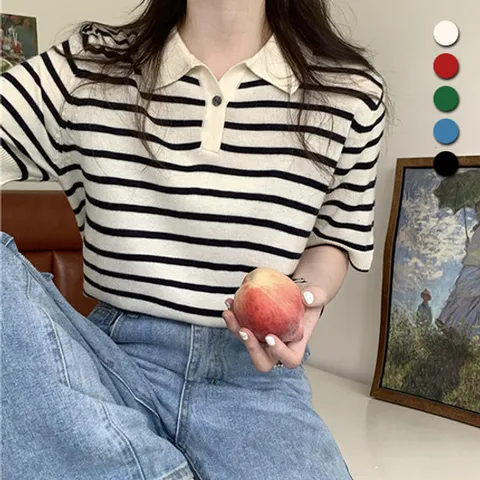 [유니제이] 럼타 스트라이프 카라 반팔 니트티