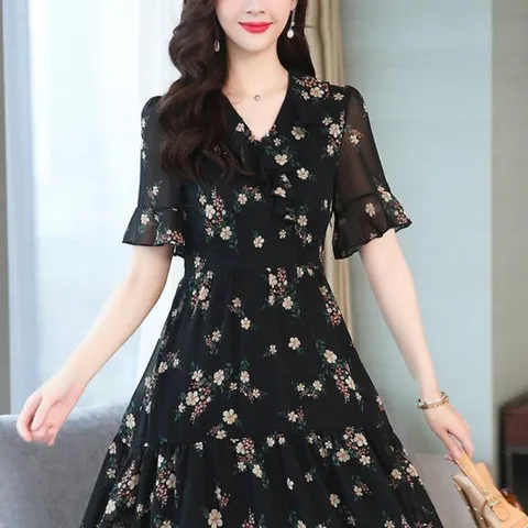 [옷자락]여자 꽃놀이 데이트 꽃무늬 반팔 원피스