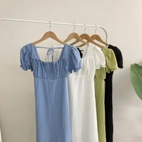 플첸 스퀘어넥 콩단추 지지미 반팔 롱 원피스(4color)