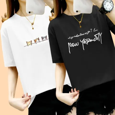 [2장세트] 캐릭터 프린팅 레터링 라운드넥 여성 반팔 티셔츠