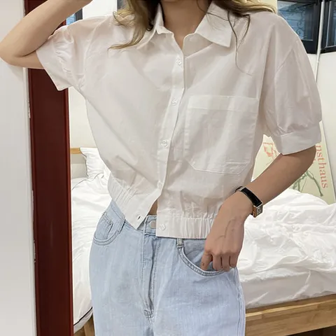 [슈가펀] 레마 밴딩 크롭블라우스/셔츠/밴딩/세미크롭/러블리