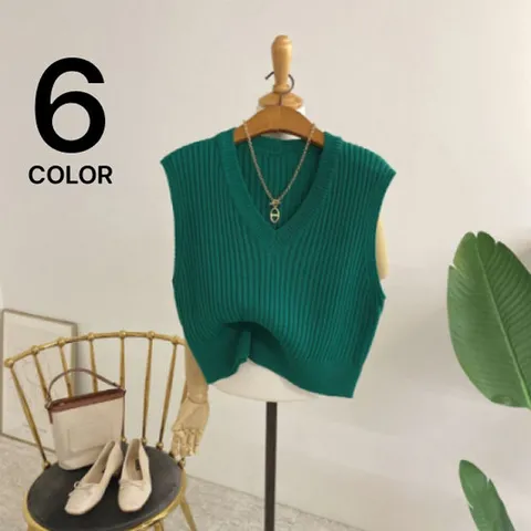 허니제이 / 릿퍼지 골지 브이넥 크롭 니트 조끼/ 6컬러