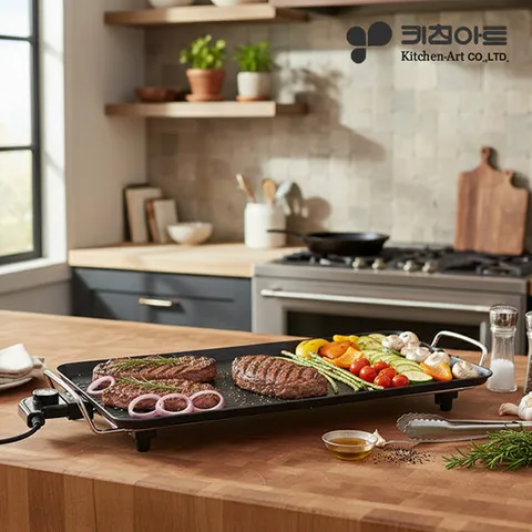 [66cm 대용량크기와 그릴+프라이팬 패턴으로 다양한 요리를 한번에] 키친아트 높이조절용 멀티 그릴팬 잔치팬 KAG-6629R