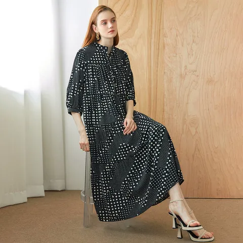 [MAXZA] 믹스도트 밴드카라 루즈핏 티어드 롱원피스(7부)