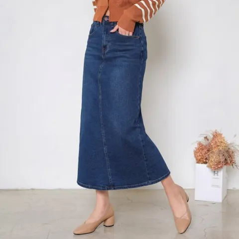 [헤이올리]분위기 여신 청치마/A라인 롱스판청치마/앞판 사선절개 라인 뒷트임 A라인 스커트  SH1119