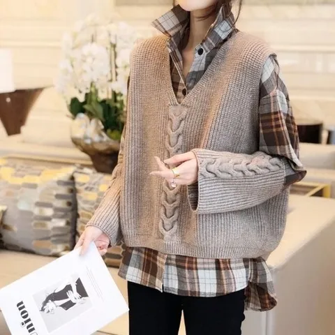 [드레스허그] 체크 셔츠 앤 니트 베스트 투피스 세트