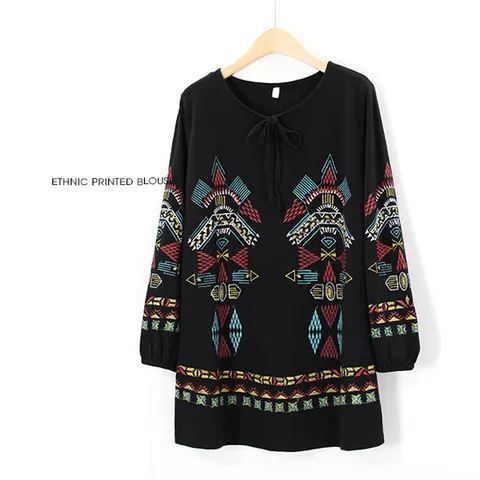 [해피통통] 빅사이즈 에스닉 블라우스 티 루즈핏 여성 리본 티셔츠 슬라브 에이라인 오피스 나염 블라티 여성의류